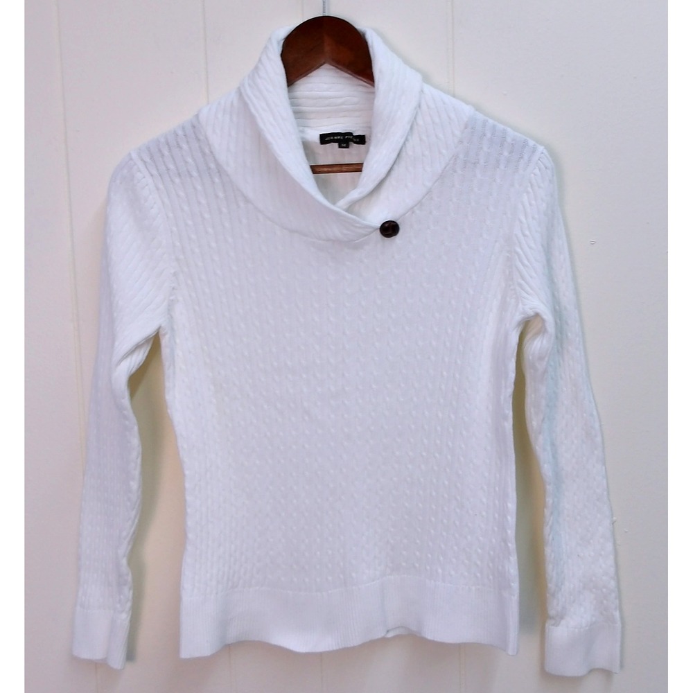 Jeanne Pierre White Knit Cotton Blend Shawl Collar‎ Pullover Sweater M /#9077